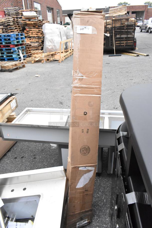 Boxed Carlisle Quick Release Mop Handle, 54" Wooden, plastic head, brand new with visible wear on packaging, tag shows "347".