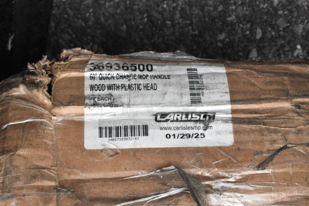 BRAND NEW SCRATCH AND DENT! Carlisle 36936500 54" wooden mop handle, plastic head, in damaged packaging.