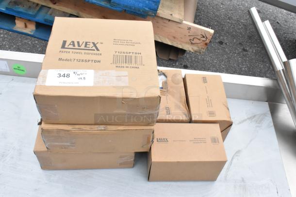 Lavex paper towel and soap dispenser boxes, model 712SSPTDH, labeled "scratch and dent." New condition, 6 items.