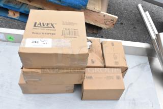 Lavex paper towel and soap dispenser boxes, model 712SSPTDH, labeled "scratch and dent." New condition, 6 items.