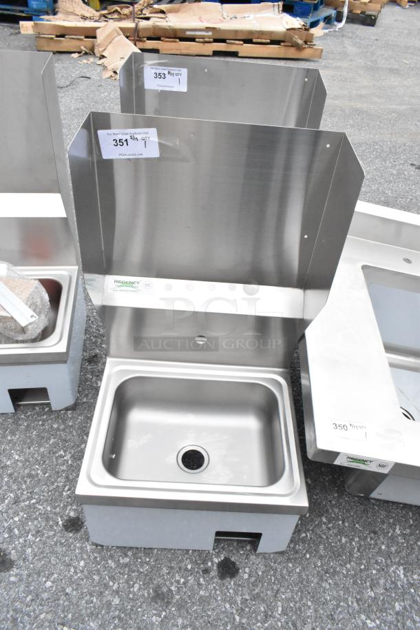Brand new Regency 600HS17KSPT 17"x15" wall-mounted hand sink, hands-free with knee-operated valve, stainless steel.