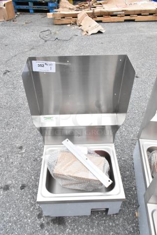 Brand new Regency 17" x 15" wall-mounted hand sink with knee-operated valve, stainless steel, minor scratches.