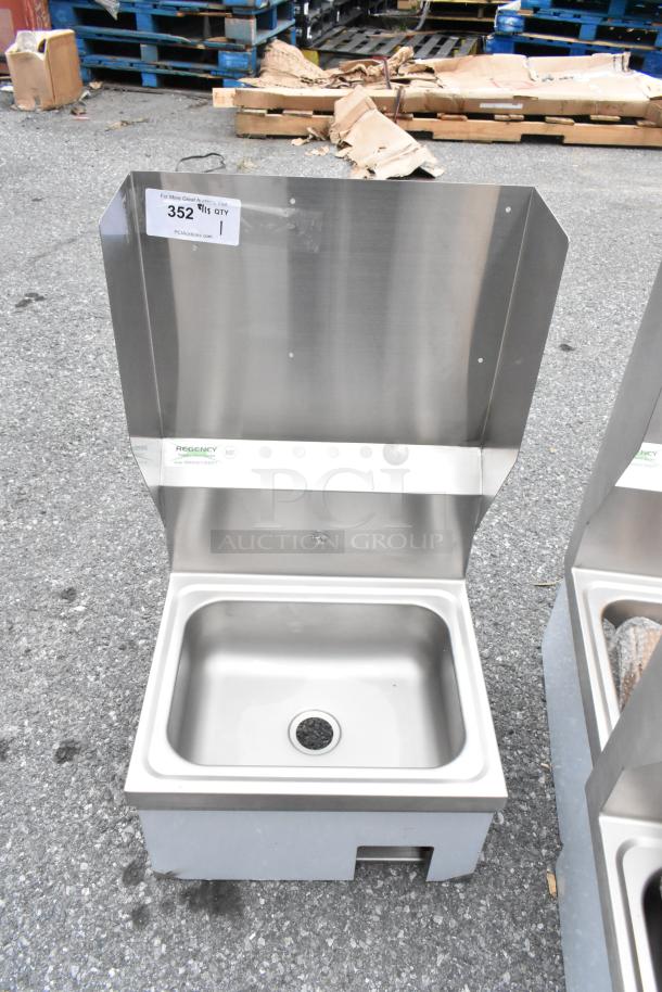 Brand new Regency 600HS17KSPT 17"x15" wall-mounted hand sink, hands-free with knee valve, stainless steel, minor scratches.
