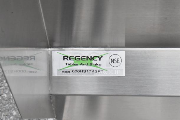 Wall-mounted Regency 600HS17KSPT hand sink, 17"x15", knee-operated, stainless steel, NSF certified, brand new condition.