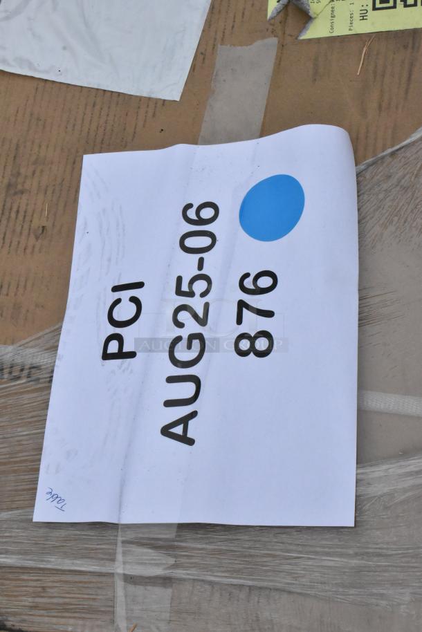 PCI tag labeled "AUG25-06 876" on cardboard, associated with item information.