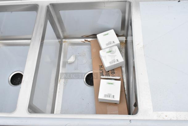 BRAND NEW Regency 3 Bay Stainless Steel Sink, 600S31824224, dual drain boards, no legs, visible scratches, dented corners.