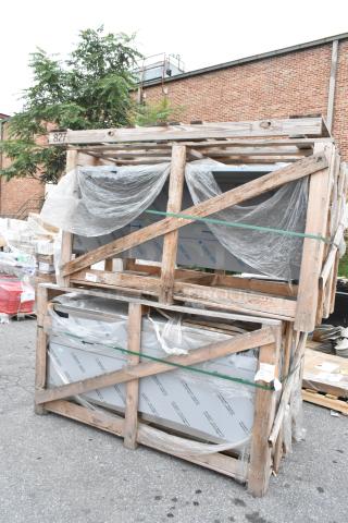 Brand new stainless steel counter in wooden crate, slight scratch and dent, protective film intact, ready for auction.