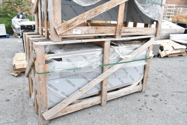 Brand new stainless steel counters with minor scratches and dents, packaged in wooden crate. Protective film intact with labels.