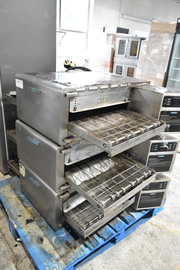 Three 2017 Turbochef HhC2020 stainless steel commercial conveyor ovens, electric-powered, 208/240 volts, 3 phase.