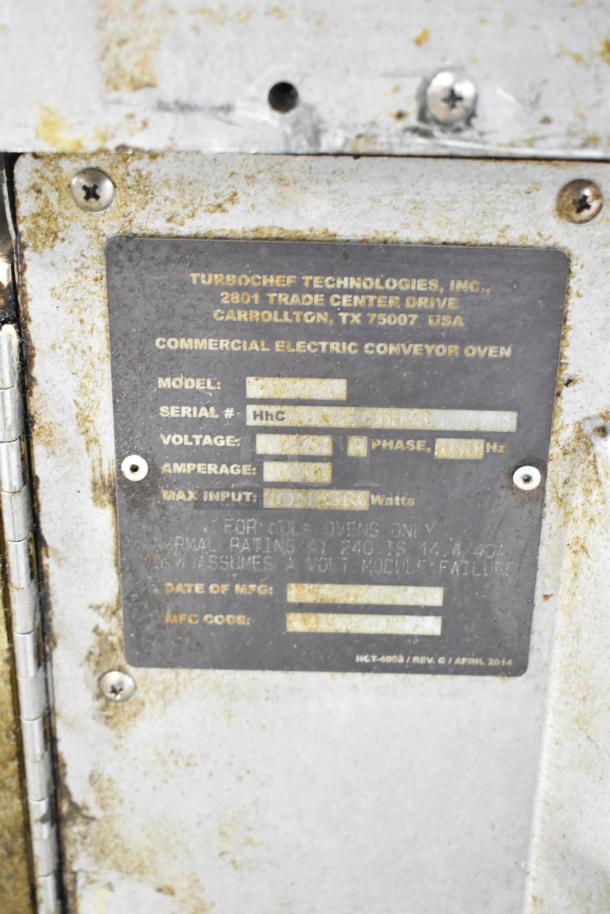 Turbochef HhC2020 conveyor oven label; electric, 208/240V, 3-phase, commercial use. Worn condition. Serial and model fields displayed.
