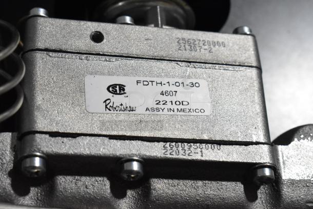Brand new Blodgett 11527 thermostat with scratch and dent. Visible label reads "Robertshaw FDTH-1-01-30, 2210D, ASSY IN MEXICO."