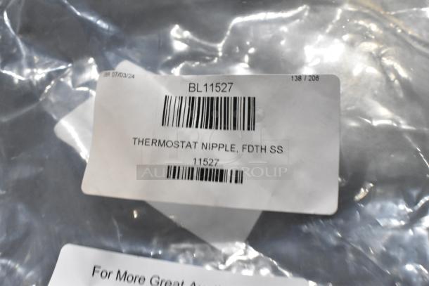 BRAND NEW SCRATCH AND DENT! Blodgett BL11527 Thermostat, labeled "THERMOSTAT NIPPLE, FDTH SS" with barcode.