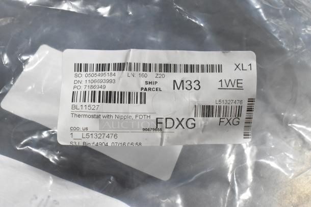 Brand new Blodgett 11527 Thermostat in packaging, labeled "Thermostat with Nipple, FDTH," scratch and dent condition.