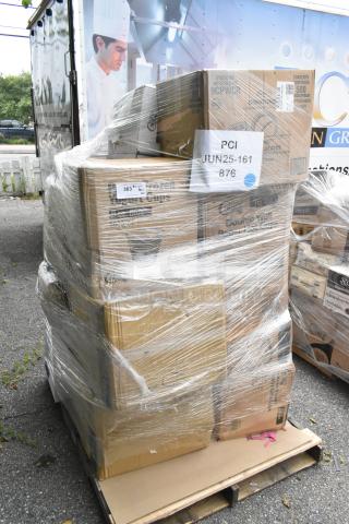 Shrink-wrapped pallet with new scratch and dent items, including cups and plates. Visible labels read "PCI JUN25-161 876."