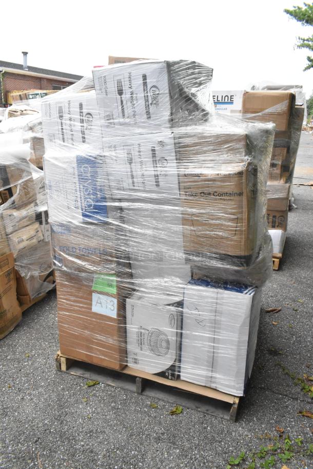 Palette of stacked boxes wrapped in plastic, labeled "Cold Cups," "Hot Cups," and "Take Out Container," containing new scratch and dent items.