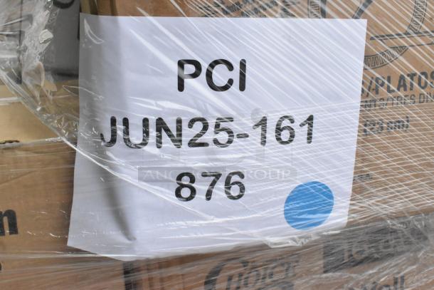 Pallet of 20 brand new scratch and dent items, including cold cups, hot cups, plastic plates, and towels. Marked "PCI JUN25-161 876."