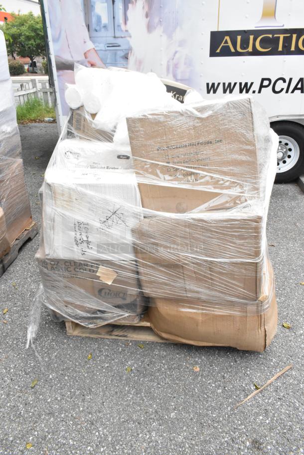 Pallet of 20 brand new scratch and dent items, including to-go containers, lids, sporks, shrink-wrapped for auction.
