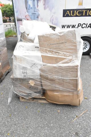 Pallet of 20 brand new scratch and dent items, including to-go containers, lids, sporks, shrink-wrapped for auction.