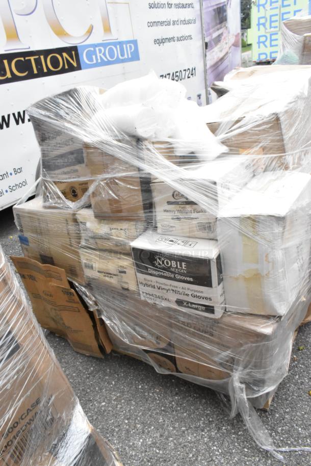 Pallet of 20 brand new, scratch and dent items, including to-go containers, lids, and sporks; wrapped in plastic.