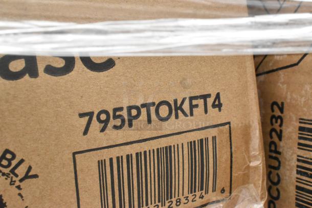 Cardboard box with visible barcode and "795PTOKFT4" marking. Contains scratch and dent to-go containers, lids, sporks.