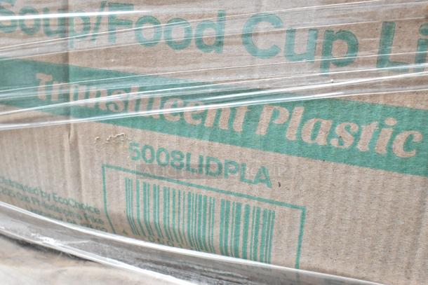 Cardboard box marked "Soup/Food Cup Lids, Translucent Plastic, 5008LIDPLA," wrapped in plastic. New scratch and dent items.