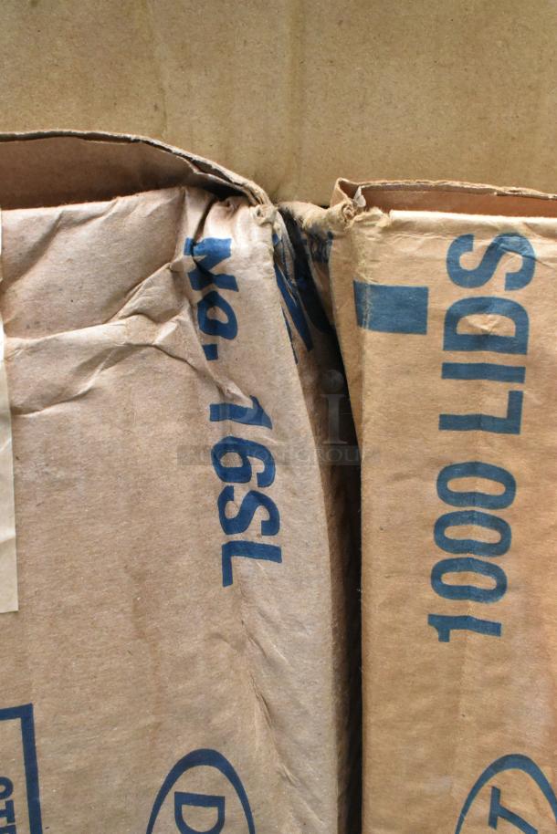 Boxes labeled "No. 16SL" and "1000 LIDS" containing various scratch and dent to-go containers and lids.