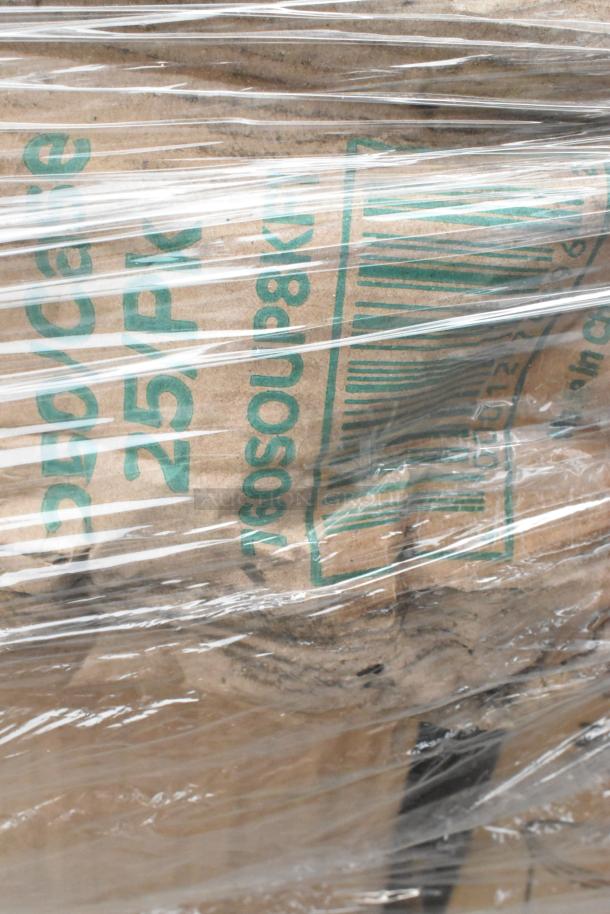 Clear-wrapped pallet with labeled cardboard boxes, indicating 25 packs of to-go containers and sporks. Scratch and dent condition.