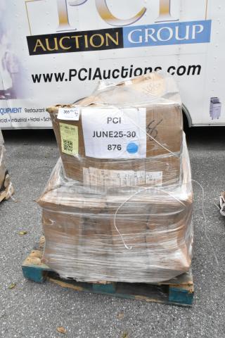 Pallet with three brand new scratch and dent chair frames and pieces, wrapped in plastic. Boxes labeled "PCI JUNE25-30 876."
