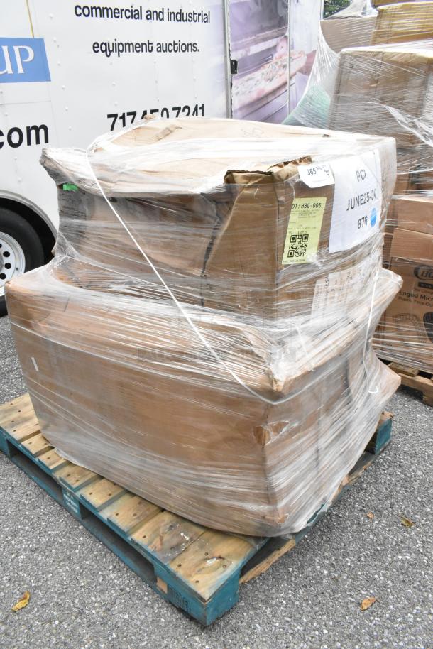 Sealed pallet containing new scratch and dent chair frames and pieces. Boxes are wrapped in plastic with visible shipping labels.