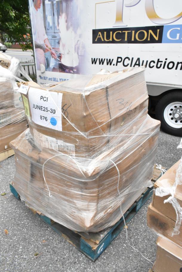 Pallet of chair frames and pieces, wrapped in plastic. Marked "PCI JUNE25-30 876." New, scratch and dent condition.