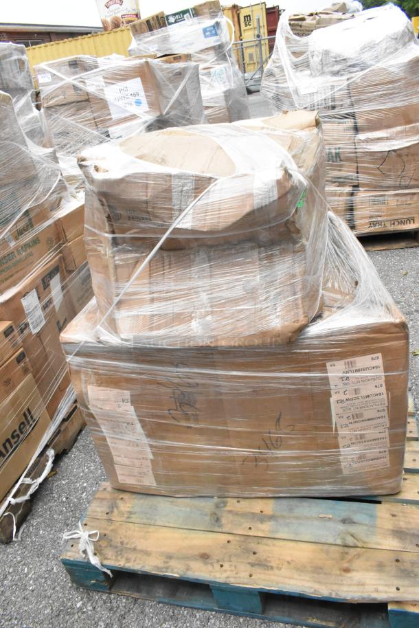 Pallet with 3 new scratch and dent chair frames, wrapped in plastic with visible labels and markings; packaged for auction.