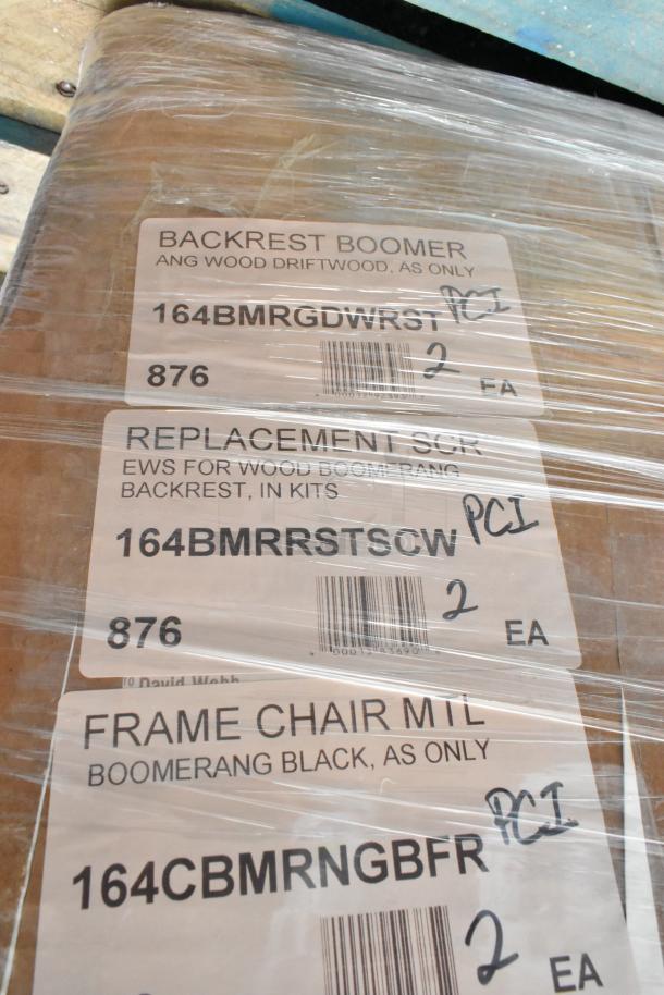3 brand new, scratch and dent item packages with labels for chair frames and backrests. Includes product codes and quantities.