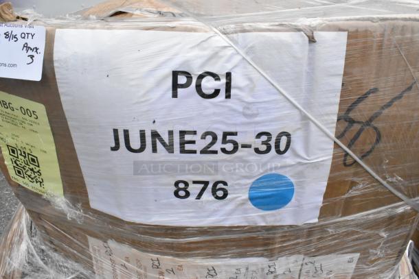 Pallet wrapped with labels showing PCI, JUNE25-30, and quantity notes, containing chair frames. New with scratch and dent condition.