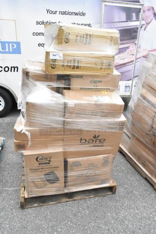 Stack of 28 boxes with scratch and dent items: plates, containers, hot cups. Brands include Choice and Bare by Solo. New condition.