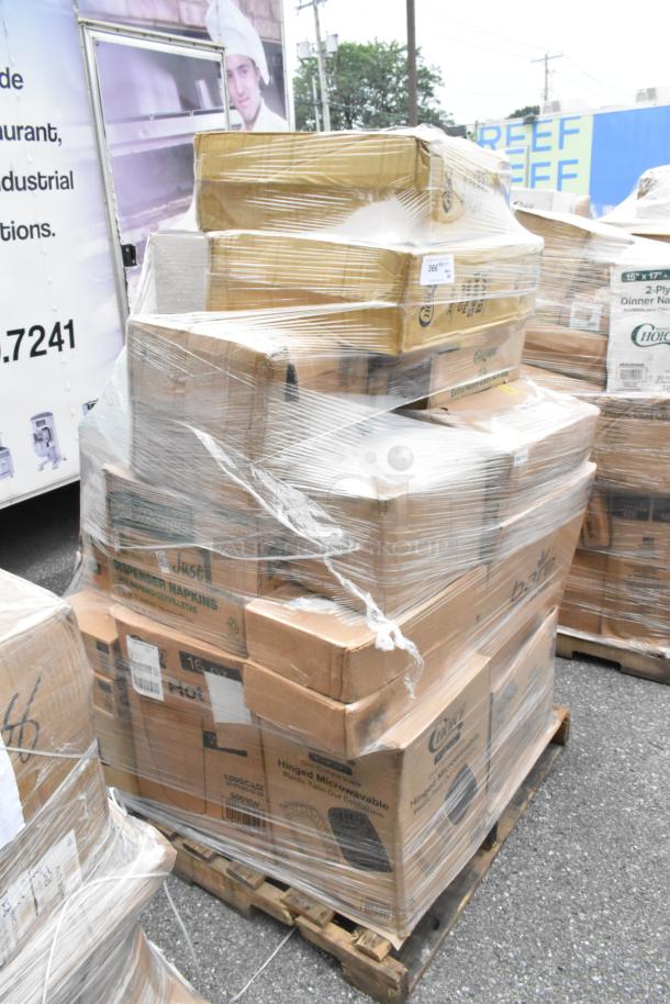 Pallet of 28 new scratch and dent items, including plates, containers, hot cups, wrapped in plastic. Visible brand markings.