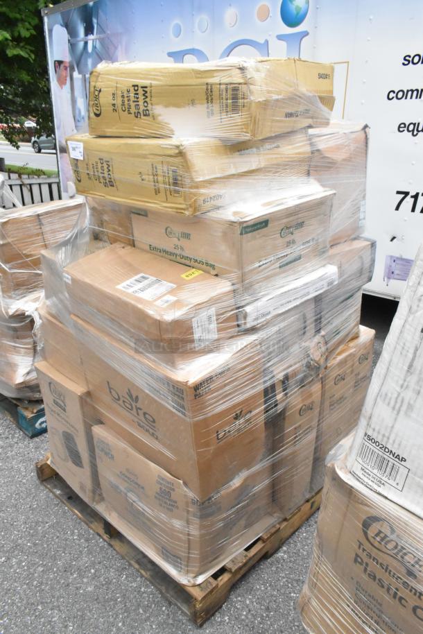 Pallet of 28 new scratch and dent items, including plates, containers, and hot cups. Boxes show various brands and models.