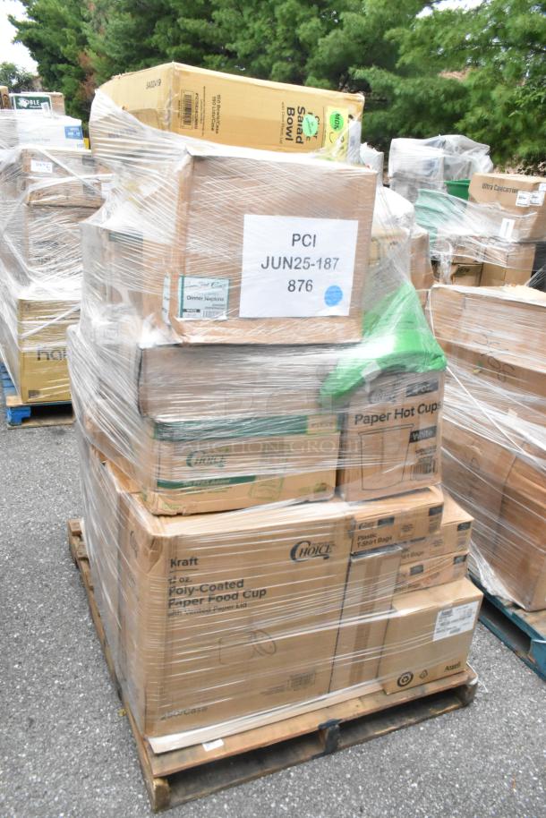 Pallet of 28 new items including plates and hot cups. Box labels read "Choice" and "Kraft." Some items marked as scratch and dent.