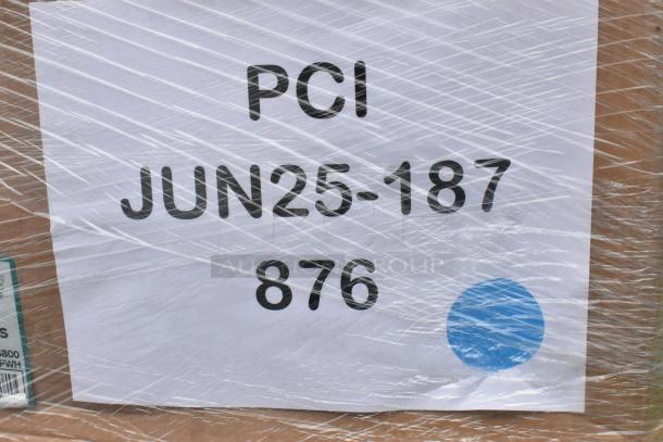 Pallet wrapped in plastic labeled "PCI JUN25-187 876" containing 28 new scratch and dent items like plates and cups.