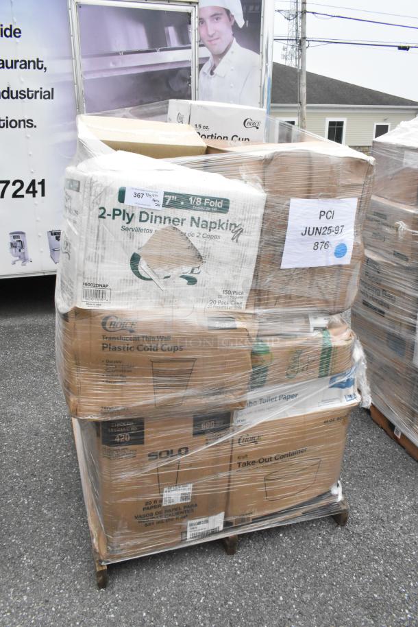 Pallet with assorted new scratch and dent items, including 2-ply napkins, translucent cups, and take-out containers, wrapped in plastic.