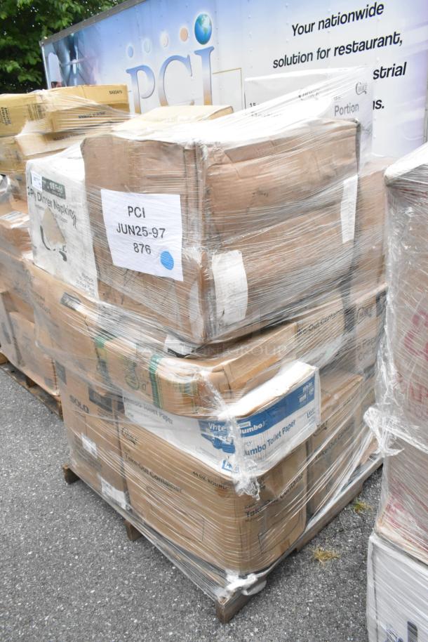 Pallet with 24 boxes of scratch and dent items, including towels, cups, and containers. Labeled "PCI JUN25-97 876."