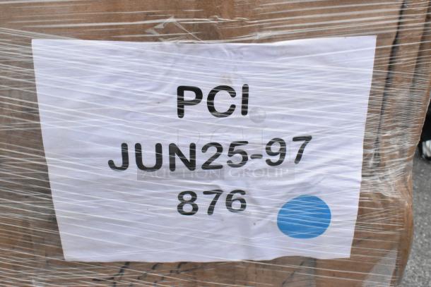 Alt text: Wrapped pallet with shipping label marked "PCI JUN25-97 876" indicating contents for auction.