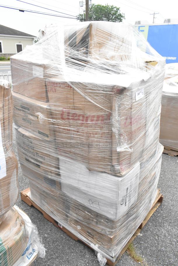 Pallet of 23 brand new scratch-and-dent items, including to-go containers, bags, and more, wrapped in plastic.