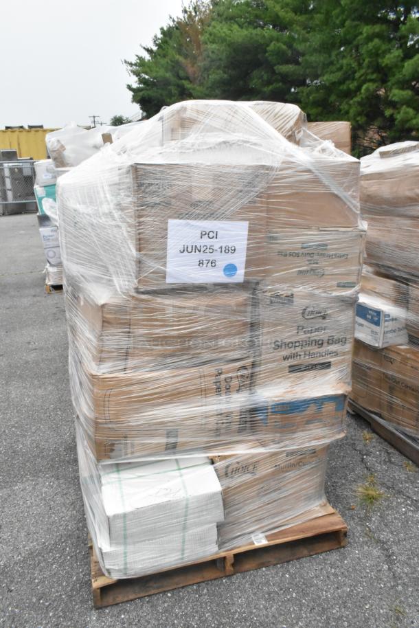 Pallet of 23 new scratch and dent items including containers, bags, toilet paper, and portion cups, wrapped and labeled PCI JUN25-189 876.