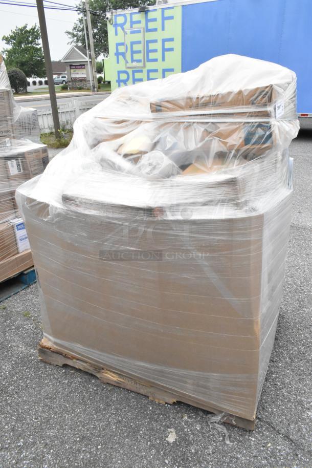 Pallet of 23 brand new scratch and dent items, including spoons, cups, and paper cones, wrapped in plastic.