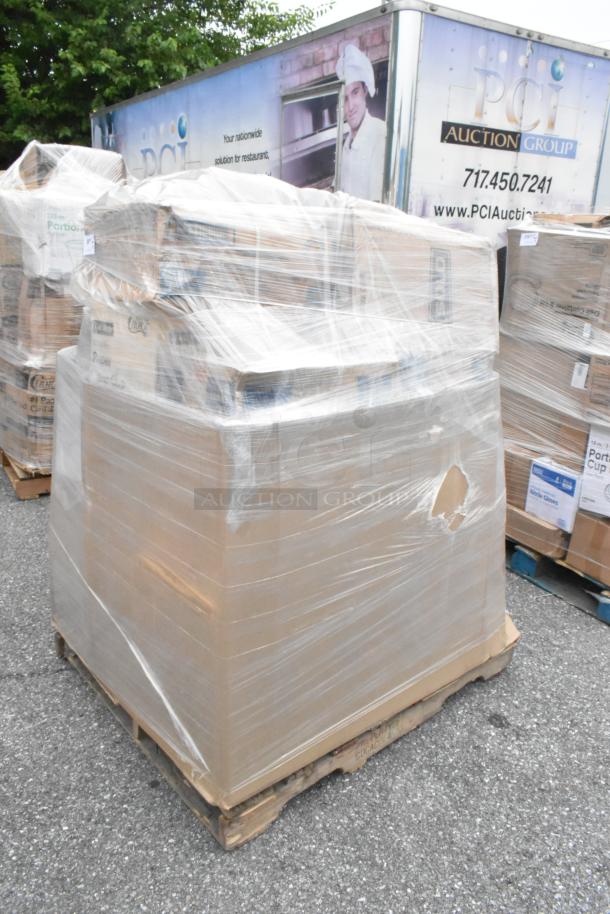 Pallet of 23 brand new, scratch-and-dent items, including spoons, cups, and paper cones, wrapped in plastic.