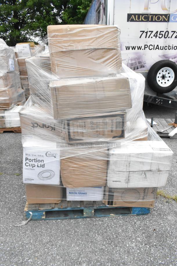 Pallet of 31 mixed items, including Choice portion cup lids, nitrile gloves, packed in boxes, plastic-wrapped. Brand new.