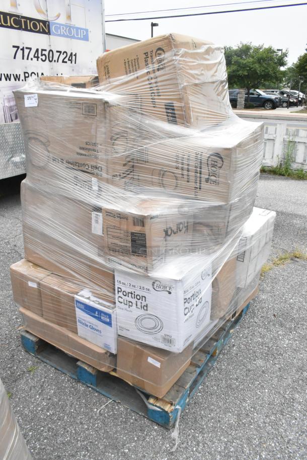 Pallet with 31 scratch and dent items, including boxes of portion cup lids, nitrile gloves, and containers. Plastic wrapped.