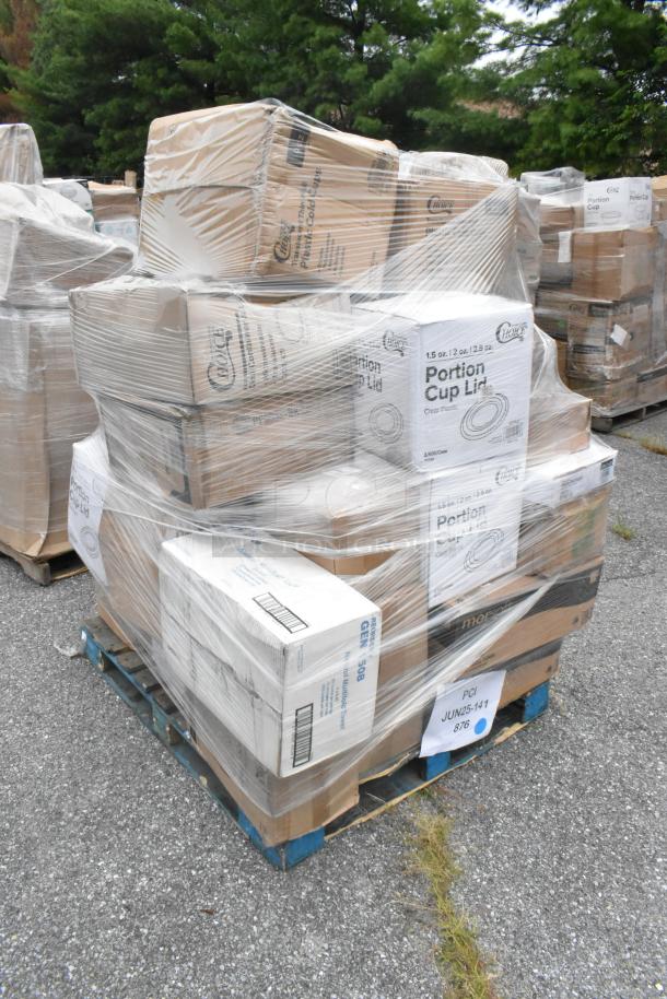 Shrink-wrapped pallet with multiple boxes of portion cup lids, containers, and paper products. Scratch and dent items.