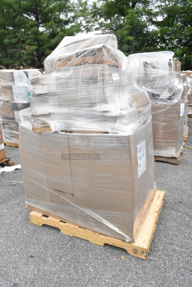 Pallet of 26 brand new scratch and dent items, including register paper rolls, hot cups, and ice bags, wrapped in plastic.