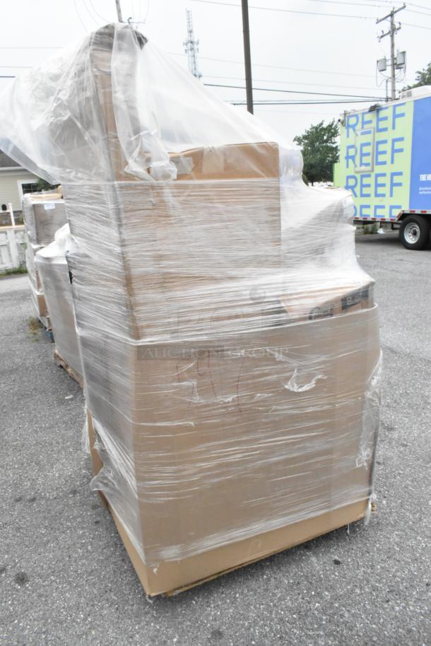 Pallet of 26 brand new scratch and dent items wrapped in plastic, including register paper rolls, hot cups, and ice bags.